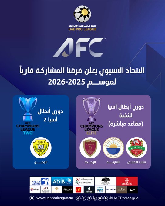 الاتحاد الآسيوي يعلن عن 3 مقاعد مباشرة لأندية الإمارات في دوري النخبة